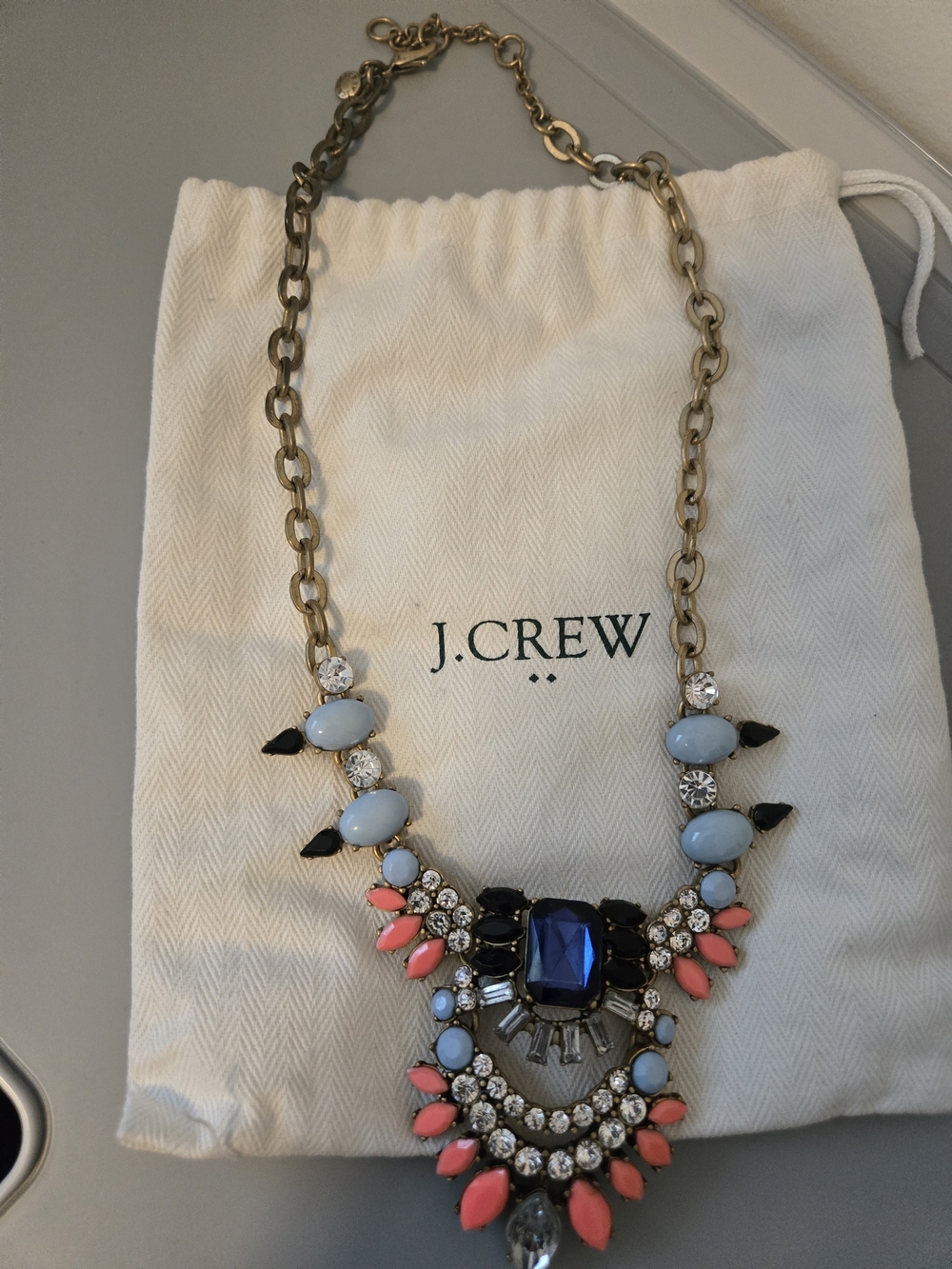J. Crew Coral, Light Blue and Navy Crystal Bib Necklace